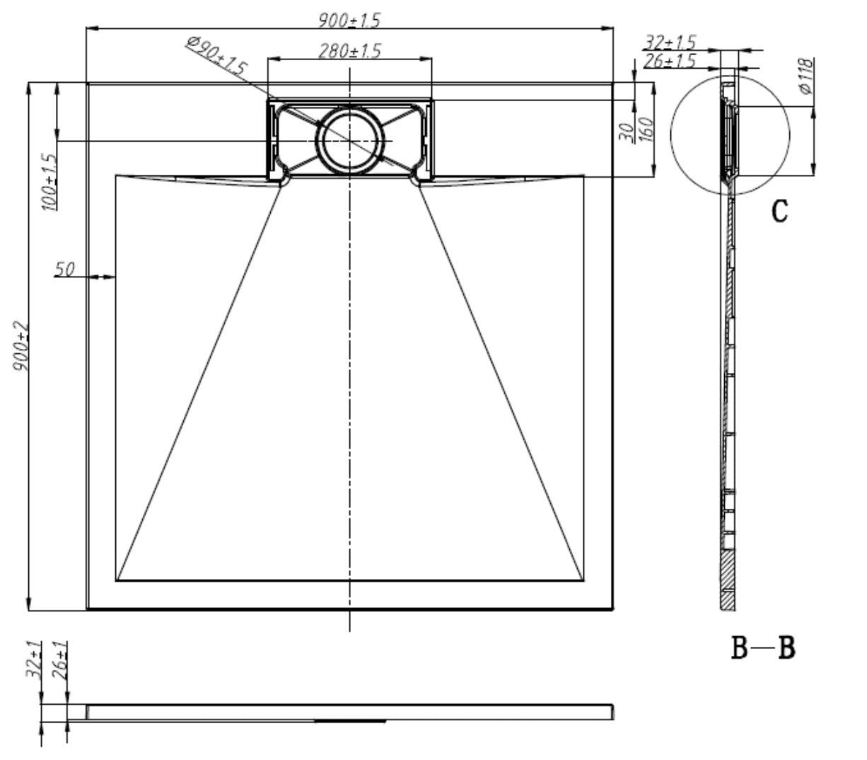 SHOWER BASE - BRIZO II WHITE 36 X 36"