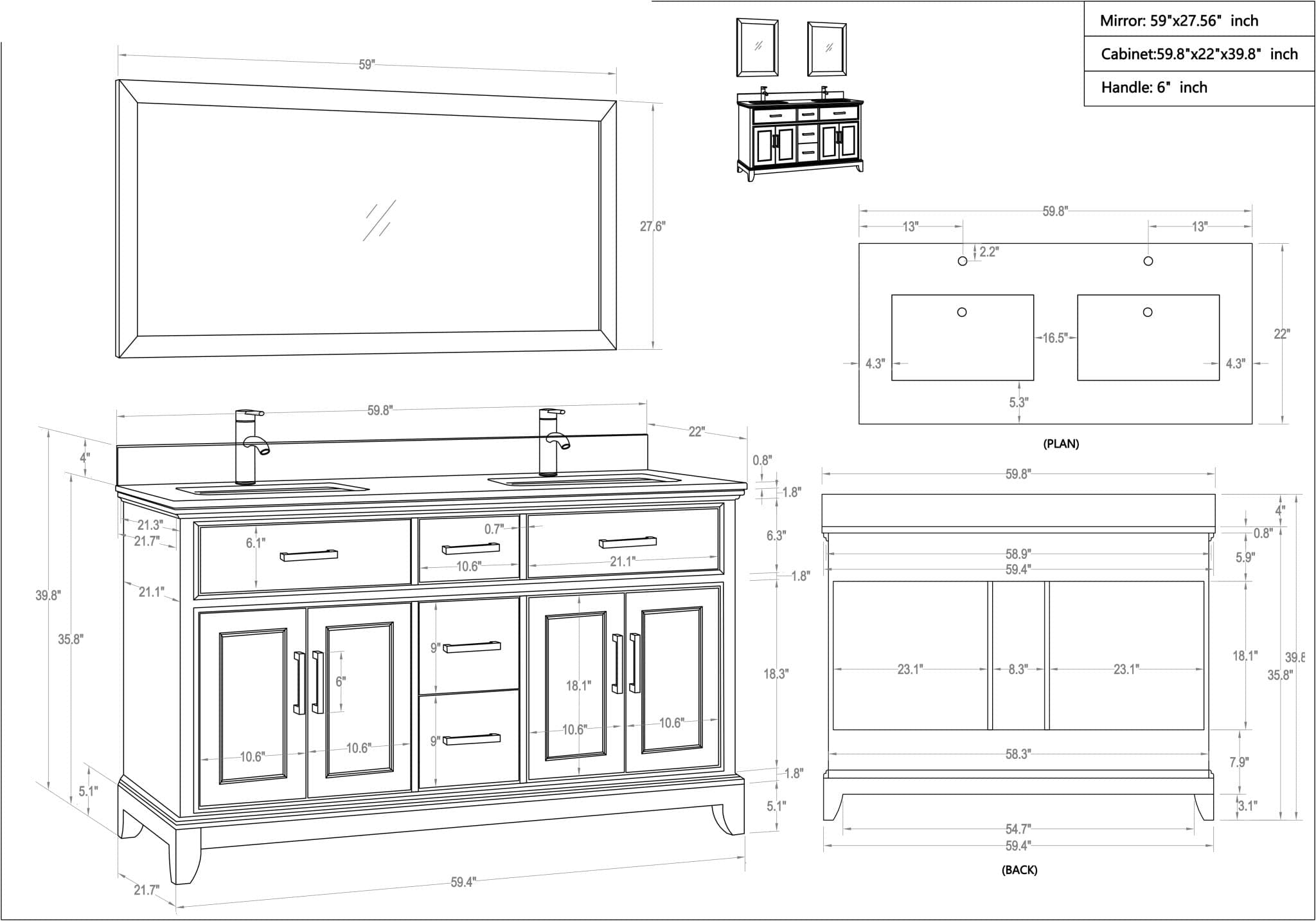 VANITÉ VA10 - 60" DOUBLE - SALLE DE BAIN VODA