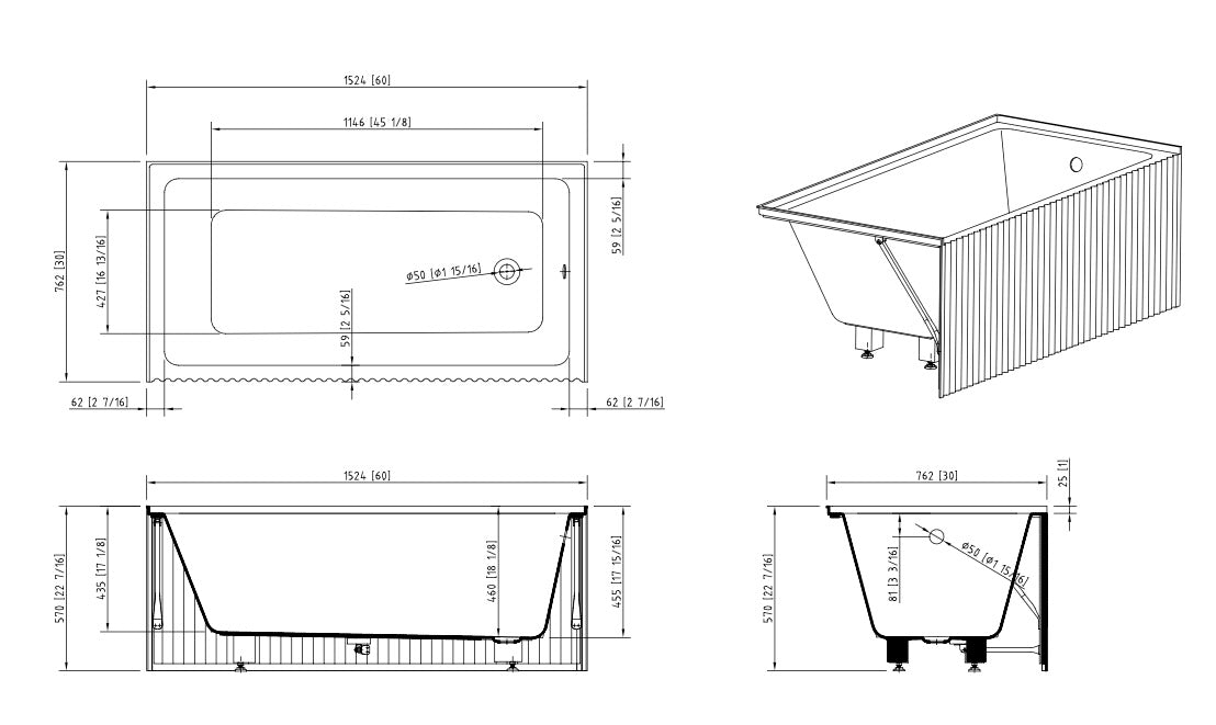 BAIGNOIRE ALCOVE ZENNO - 60 X 30" CANNELÉ